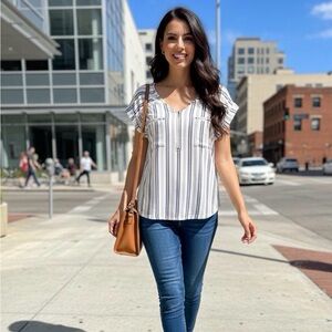 Striped V-Neck Blouse with Blue Jeans